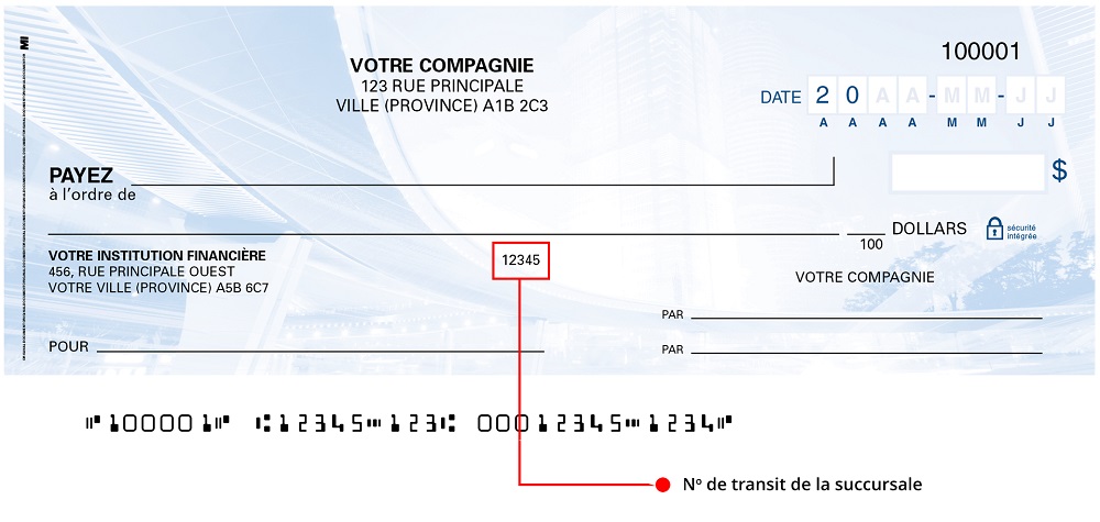 Il s’agit d’un numéro à cinq chiffres qui se situe à la droite de l’adresse de la succursale et qui désigne la succursale où se trouve votre compte. Ce numéro peut être différent du numéro de succursale au bas de votre chèque.