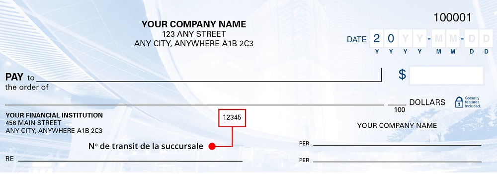 Il s’agit d’un numéro à cinq chiffres qui se situe à la droite de l’adresse de la succursale et qui désigne la succursale où se trouve votre compte. Ce numéro peut être différent du numéro de succursale au bas de votre chèque.